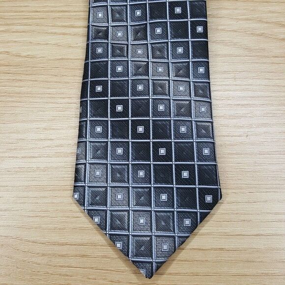 PERRY ELLIS Mens Neck Tie Black Gray Geo Tile Square Gradient Ombre Classic - Picture 1 of 6